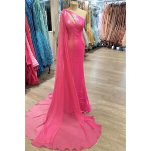 Jovani 08012 MAKE AN OFFER iridescent pink one shoulder pageant dress with cape